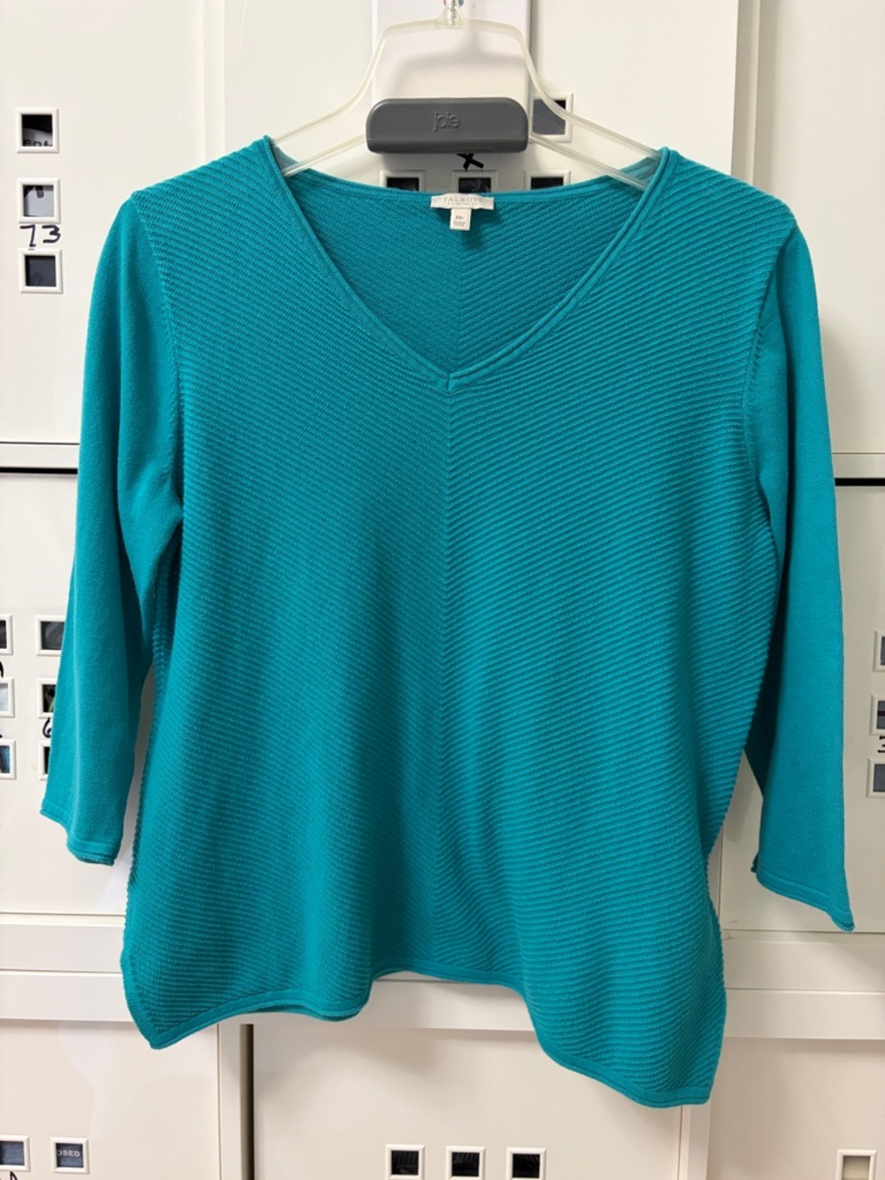 Talbots Teal Textured Chevron Knit Pullover Top Petite Medium 100% Cotton EUC